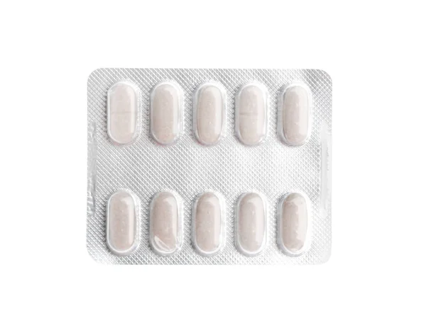 Tabletter Blisterförpackning Vit Bakgrund Ovanifrån — Stockfoto
