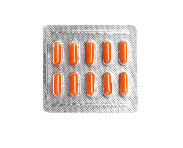 Tabletter Blisterförpackning Vit Bakgrund Ovanifrån — Stockfoto