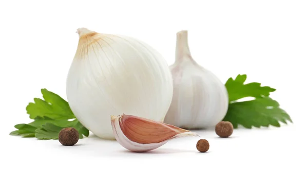 Knoblauch Zwiebeln Piment Und Petersilie Auf Weißem Hintergrund — Stockfoto