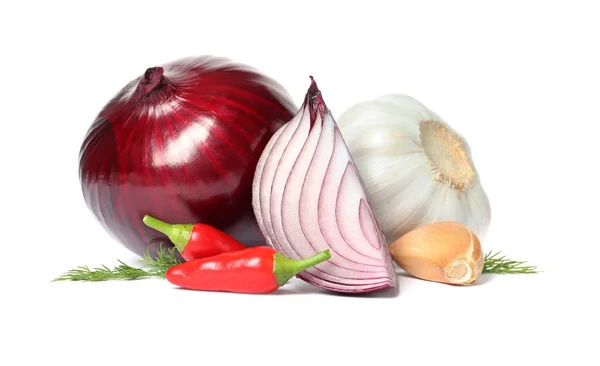 Garlic Onion Dill Chili Peppers White Background — Stock Photo, Image