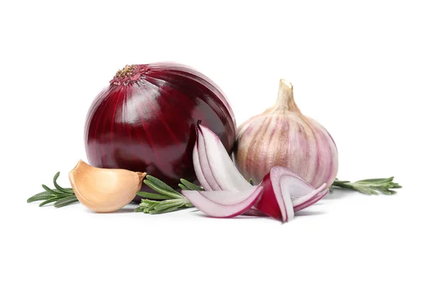 Garlic Onion Rosemary White Background — Stock Photo, Image