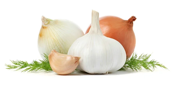 Knoblauch Zwiebeln Und Dill Auf Weißem Hintergrund — Stockfoto