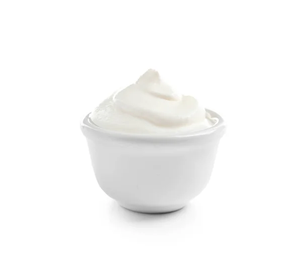 Ciotola Ceramica Con Panna Acida Fresca Isolata Bianco — Foto Stock