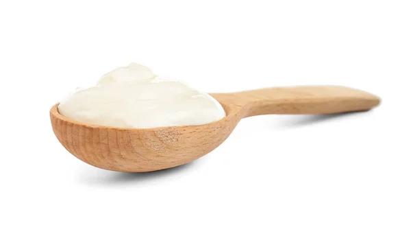 Cuchara Madera Con Crema Agria Sobre Fondo Blanco — Foto de Stock