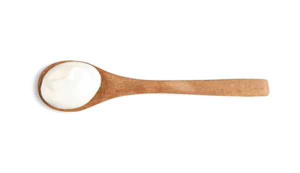 Wooden Spoon Sour Cream White Background Top View — Stock Photo, Image