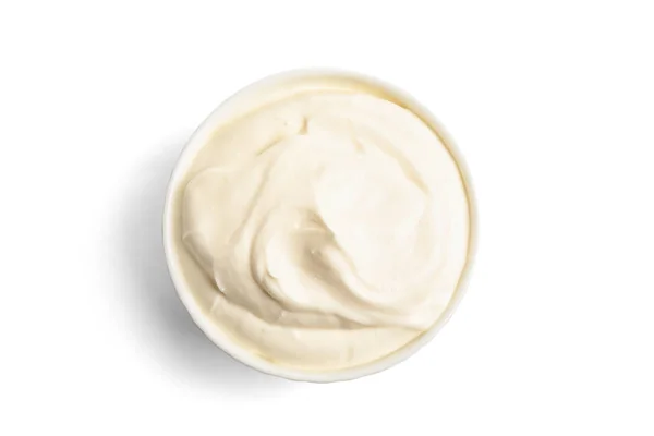 Bowl Fresh Sour Cream Isolated White Top View — Stock Photo, Image