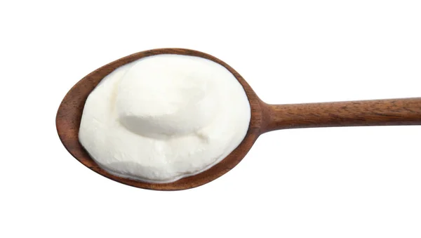 Wooden Spoon Sour Cream White Background Top View — Stock Photo, Image