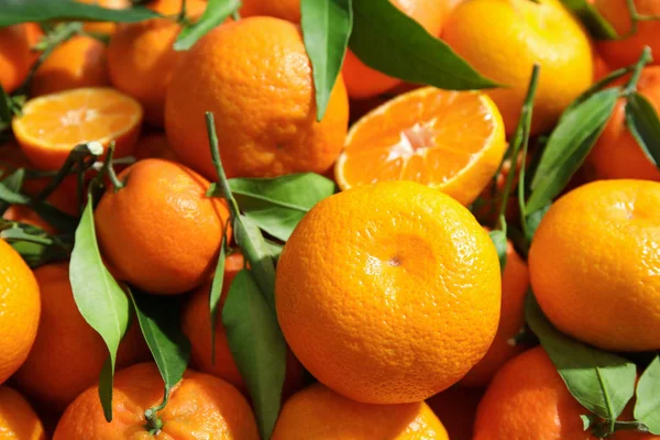 许多成熟的橘子与叶子为背景 特写镜头 — 图库照片