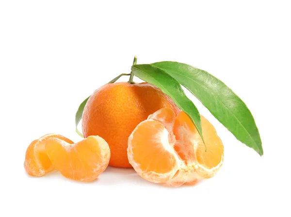 Tasty Ripe Tangerines Leaves White Background — Stock Photo, Image