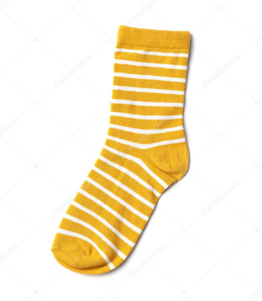 Cute child sock on white background, top view