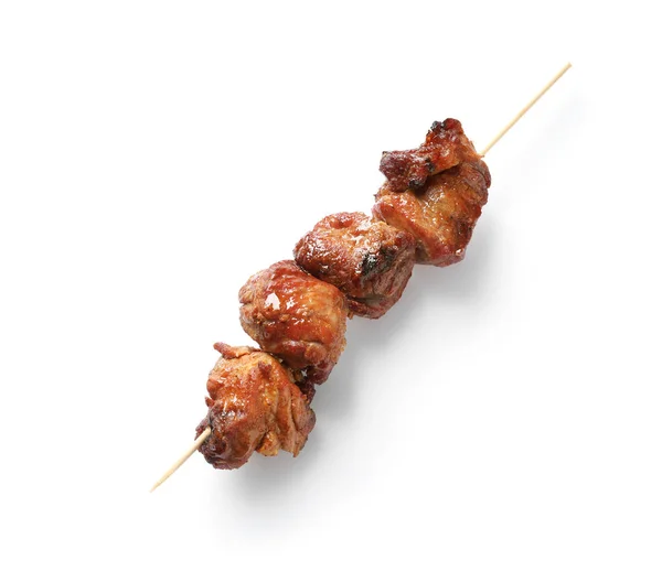 Skewer Con Deliciosa Carne Asada Sobre Fondo Blanco — Foto de Stock