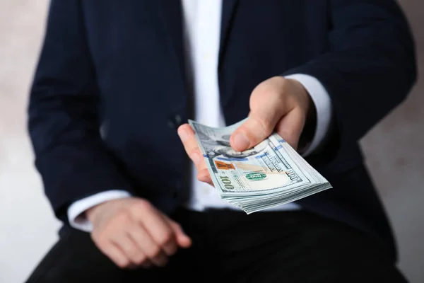 Closeup View Man Suit Offering Money Indoors — Stock Photo, Image