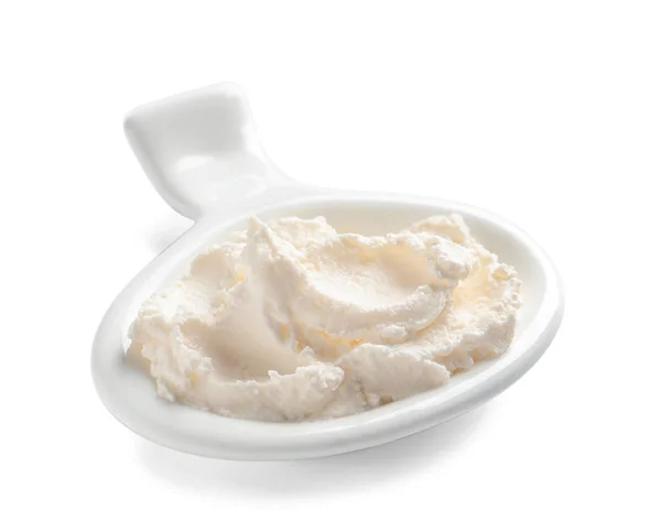 Serving Spoon Tasty Cream Cheese White Background — Stock Photo, Image