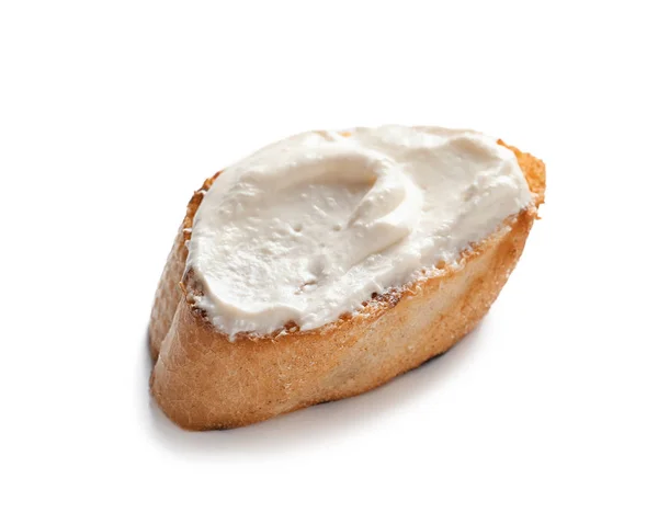 Stukje Stokbrood Met Smakelijke Roomkaas Witte Achtergrond — Stockfoto
