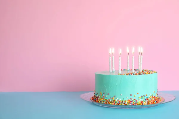 Fresh Delicious Birthday Cake Candles Table Color Background Space Text — Stock Photo, Image