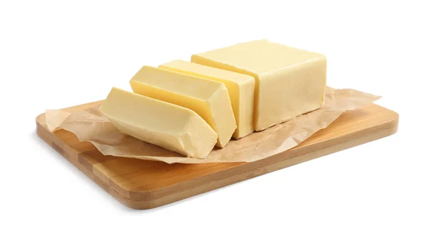 Placa Madeira Com Bloco Corte Manteiga Sobre Fundo Branco — Fotografia de Stock