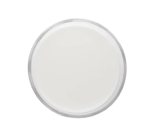 Vidro Com Leite Fresco Isolado Branco Vista Superior — Fotografia de Stock