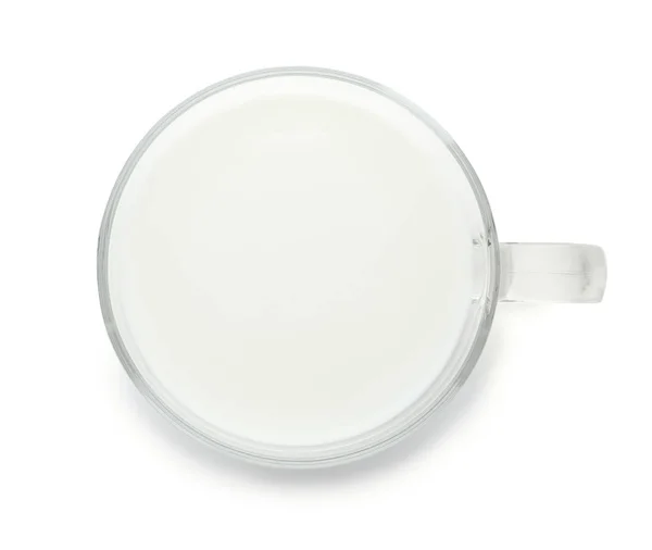 Šálek Čerstvého Mléka Bílém Pozadí Pohled Shora — Stock fotografie