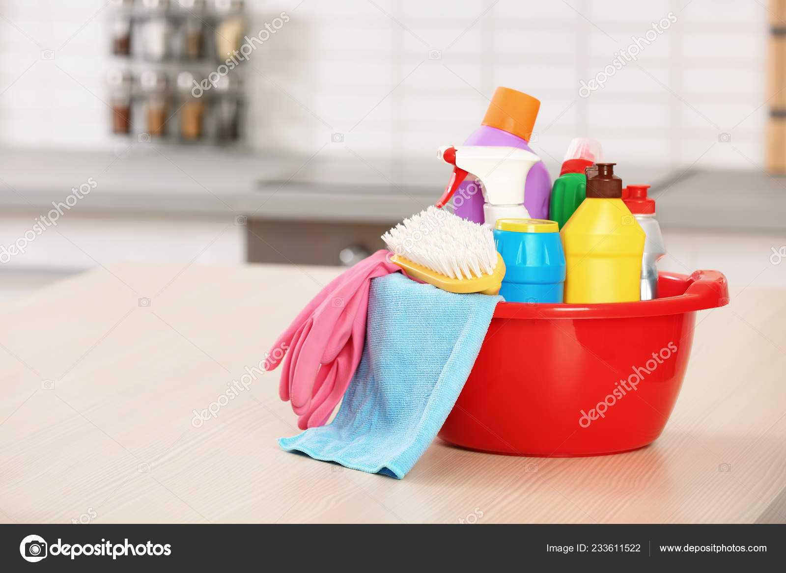 Set Cleaning Supplies Table Kitchen Space Text Stock Photo Image By Newafrica 233611522