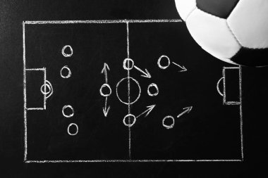 Kara tahta futbol oyun düzeni ve futbol topu, üstten görünüm