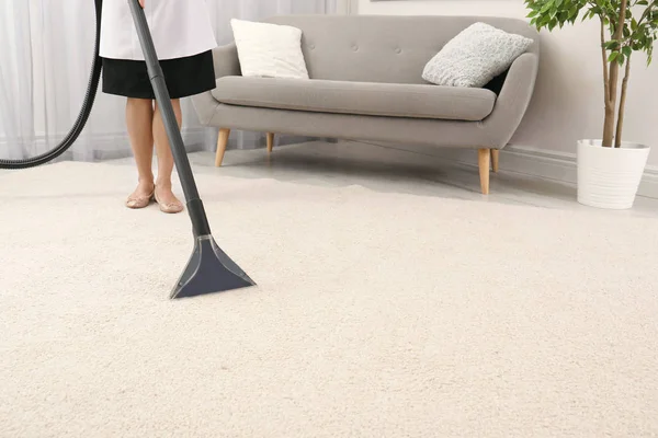 Chambermaid Removing Dirt Carpet Vacuum Cleaner Indoors Closeup Space Text — Stock Photo, Image