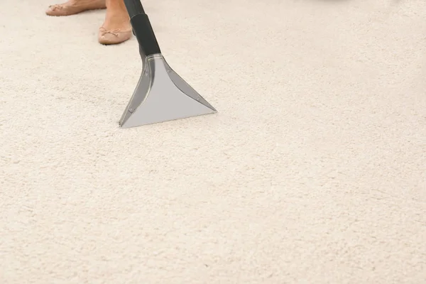 Woman Removing Dirt Carpet Vacuum Cleaner Indoors Closeup Space Text — Stock Photo, Image