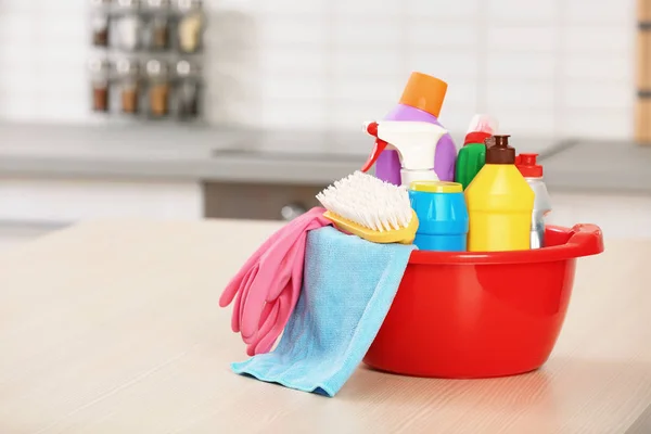Set Cleaning Supplies Table Kitchen Space Text — Stock Photo, Image