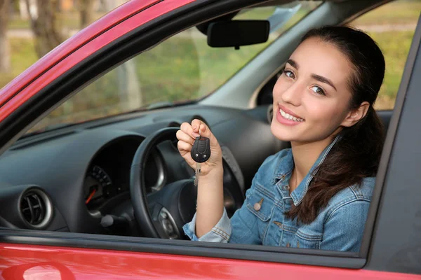 Happy Woman Showing Key New Car — Stock Photo, Image