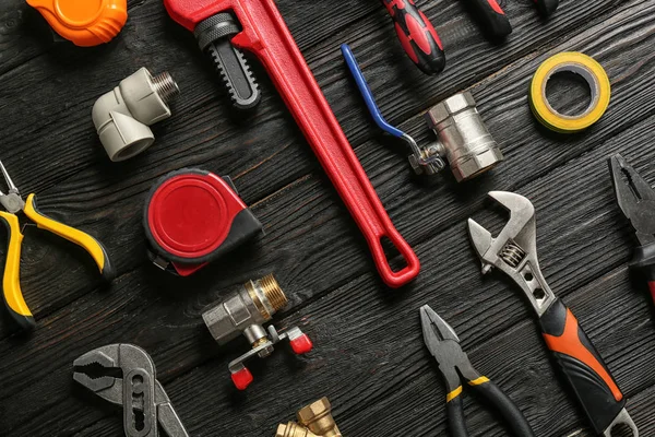 Flat Lay Composition Plumber Tools Wooden Background — Stock Photo, Image