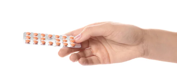 Woman Holding Pills Blister Pack White Background Closeup — Stock Photo, Image