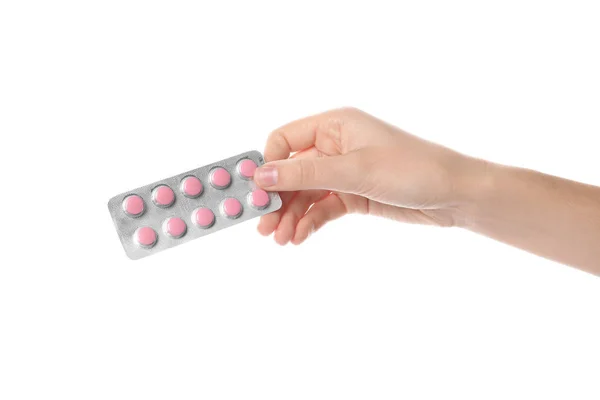 Woman Holding Pills Blister Pack White Background Closeup — Stock Photo, Image