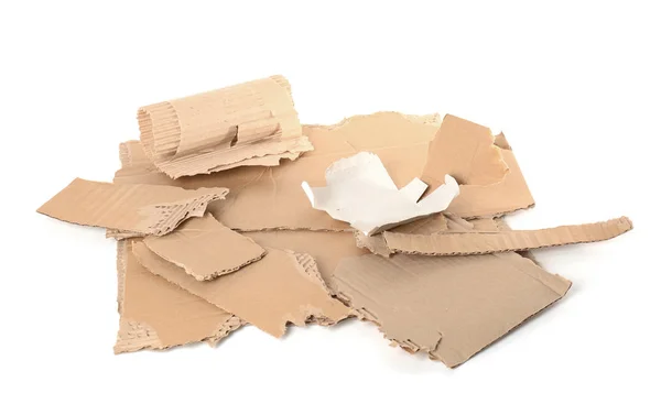 Κομμάτια Του Σχισμένου Χαρτόνι Λευκό Φόντο Ανακυκλώσιμα Υλικά — Φωτογραφία Αρχείου