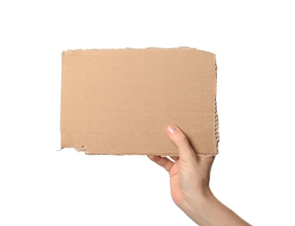 Woman Holding Piece Cardboard White Background Closeup Space Text — Stock Photo, Image