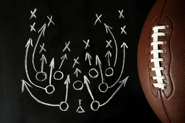 Chalkboard Com Esquema Jogo Futebol Bola Rugby Vista Superior — Fotografia de Stock