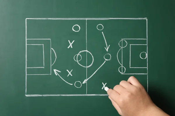 Woman drawing football game scheme on chalkboard, top view