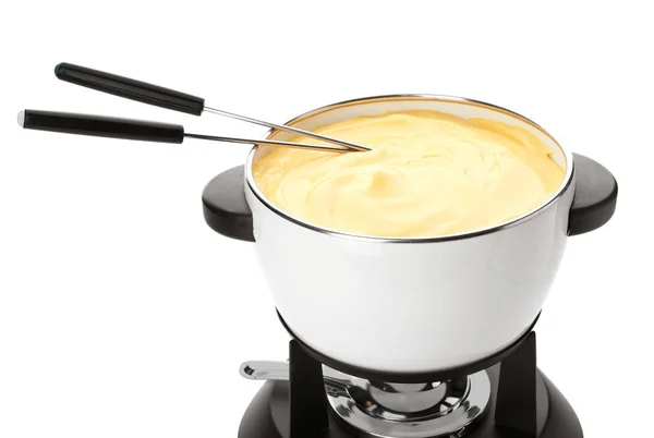 Pot Met Heerlijke Kaasfondue Vorken Witte Achtergrond — Stockfoto