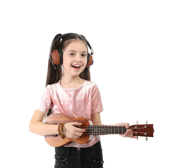 Portrait Petite Fille Avec Écouteurs Jouant Guitare Isolée Sur Blanc — Photo