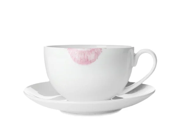 Tazza Ceramica Con Segno Rossetto Sfondo Bianco — Foto Stock