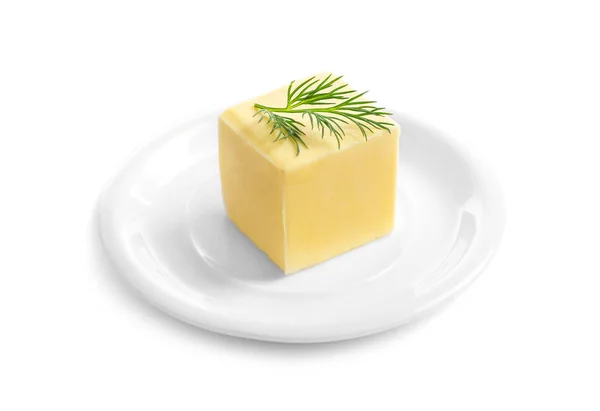 Placa Com Manteiga Fresca Isolada Sobre Branco — Fotografia de Stock