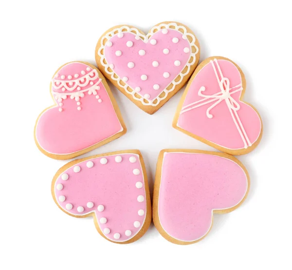 Decorated Heart Shaped Cookies White Background Top View — Stock Photo, Image