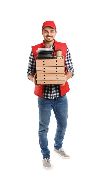 Young Courier Different Containers White Background Food Delivery Service — Stock Photo, Image