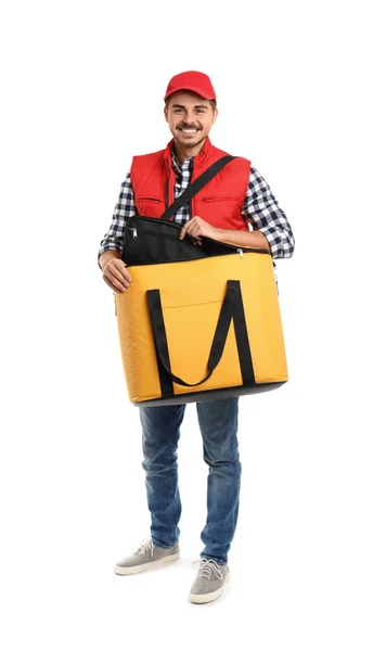 Young Courier Thermo Bag White Background Food Delivery Service — Stock Photo, Image
