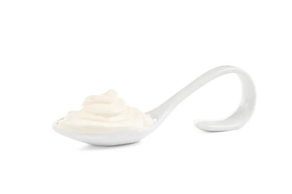 Serving Spoon Sour Cream White Background — Stock Photo, Image