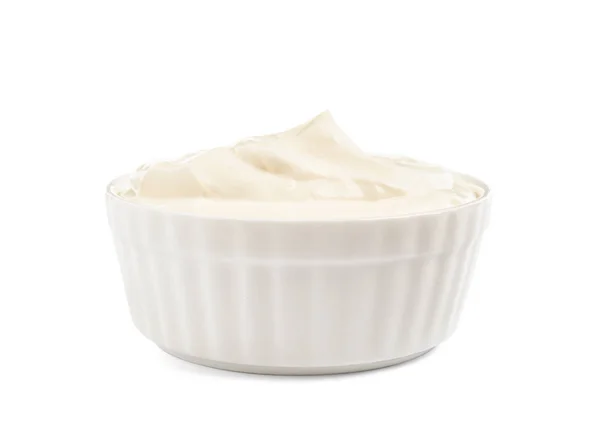 Ciotola Ceramica Con Panna Acida Fresca Isolata Bianco — Foto Stock