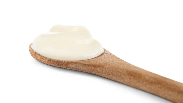 Cuillère Bois Avec Crème Sure Sur Fond Blanc — Photo