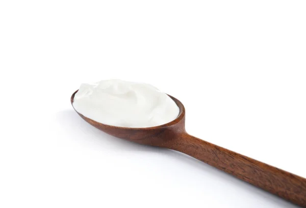 Cucchiaio Legno Con Panna Acida Sfondo Bianco — Foto Stock