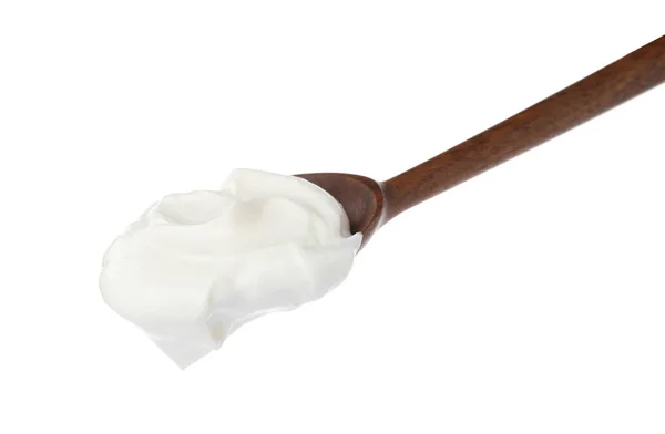 Cucchiaio Legno Con Panna Acida Sfondo Bianco — Foto Stock