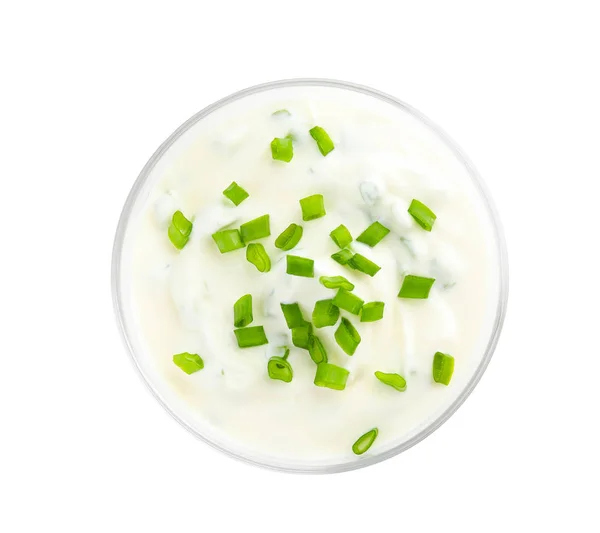 Bowl Sour Cream Herbs White Background Top View — Stock Photo, Image