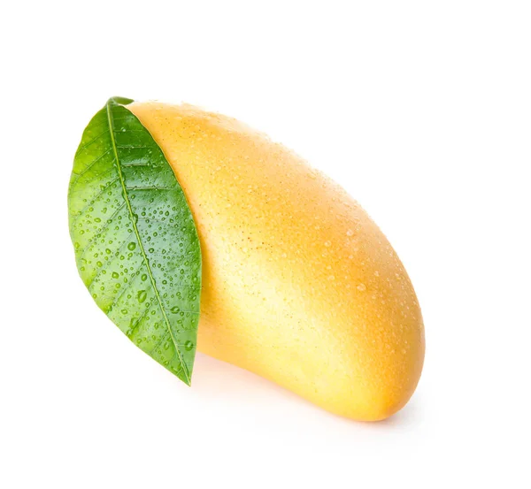 Mango Fresco Maturo Con Foglia Verde Isolata Bianco — Foto Stock