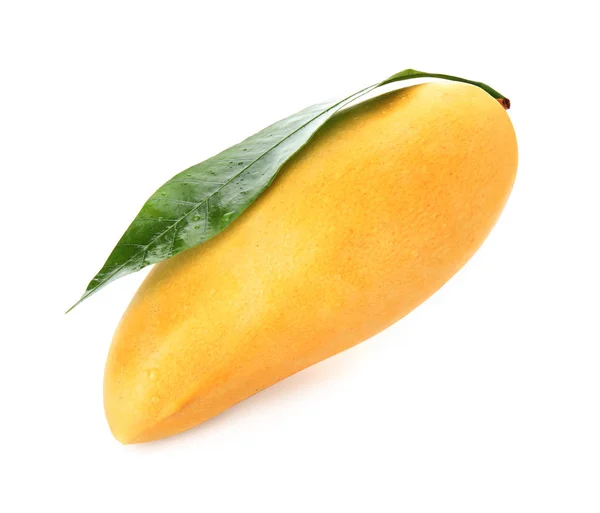 Mango Fresco Maturo Con Foglia Verde Isolata Bianco — Foto Stock